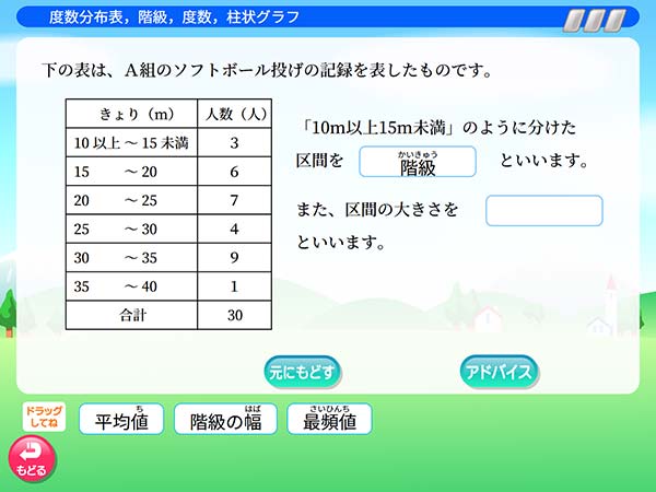 算数「度数分布表，階級，度数，柱状グラフ」